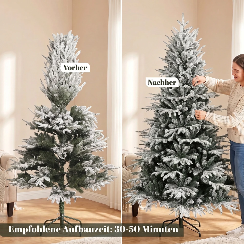 Dirbtinė kalėdinė eglutė su sniego efektu ir atlenkiamomis šakomis, žalia ir balta, 115 × 180 cm