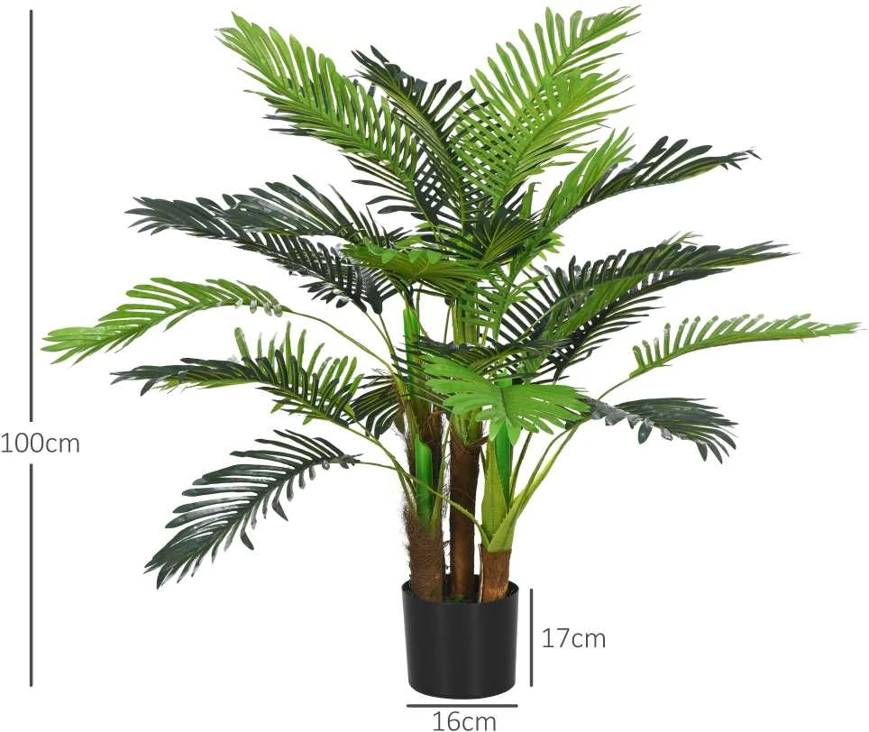 Dirbtinis augalas HOMCOM, dirbtinė palmė, 100 cm, 27 šakos, kambarinis augalas, dirbtinis medelis, dekoracija vidaus ir lauko erdvėms, žalia