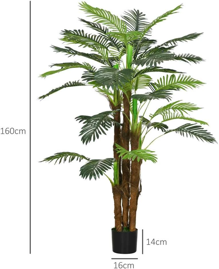 HOMCOM dirbtinis augalas, dirbtinė palmė, 160 cm dirbtinis augalas su 36 šakelėmis, kambarinis augalas, dirbtinis medis, augalų dekoracija vidaus ir lauko erdvėms, žalia