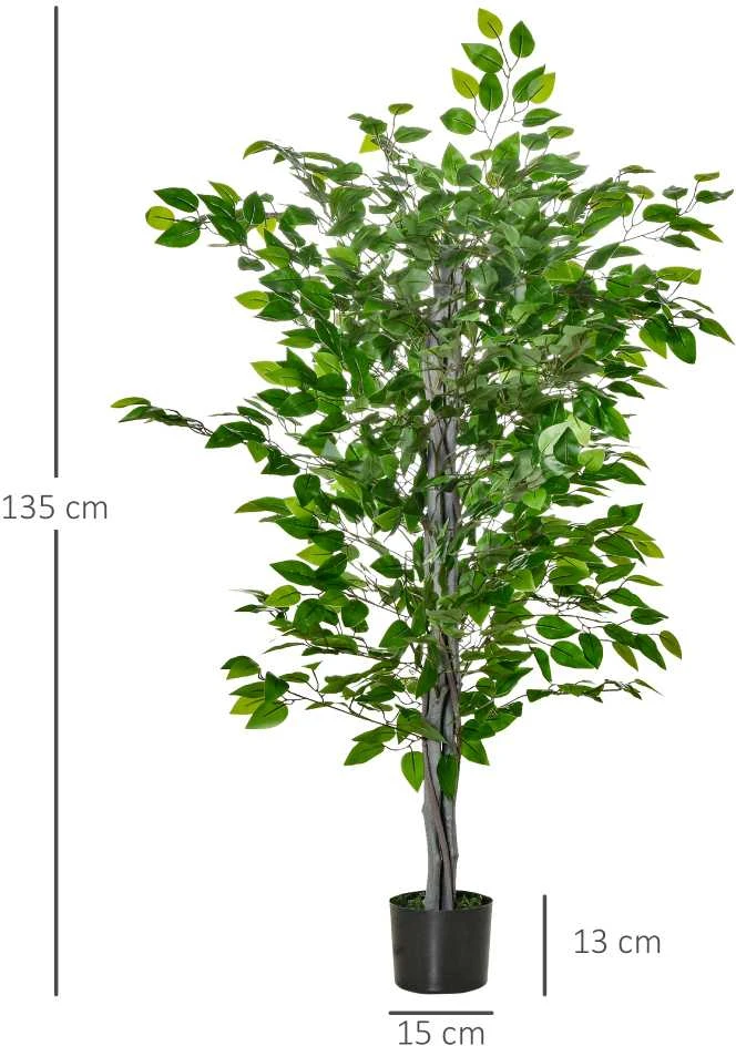 HOMCOM dirbtinis fikuso medis, 135 cm, plastikinė dirbtinė gėlė, vazoninis fikusas, tikroviškas dirbtinis medis su cementu, dirbtinis augalas svetainei, miegamajam, biurui, sodui