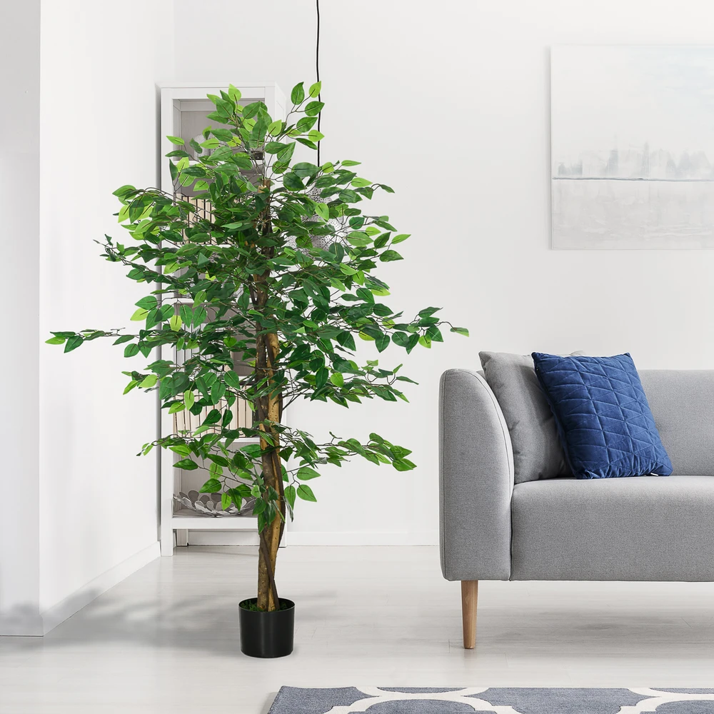 Dirbtinis augalas HOMCOM, 150 cm, su vazonu, dirbtinės samanos, dirbtinis Ficus medis, kambarinis augalas svetainei, žalias
