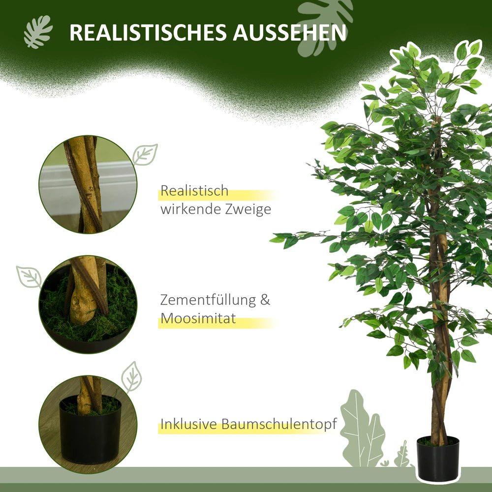 Dirbtinis augalas HOMCOM, 150 cm, su vazonu, dirbtinės samanos, dirbtinis Ficus medis, kambarinis augalas svetainei, žalias