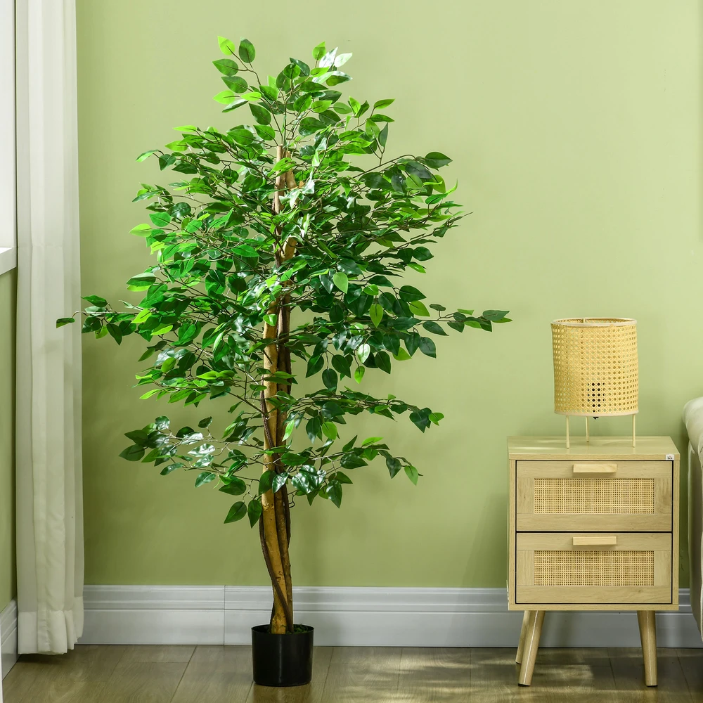 Dirbtinis augalas HOMCOM, 150 cm, su vazonu, dirbtinės samanos, dirbtinis Ficus medis, kambarinis augalas svetainei, žalias