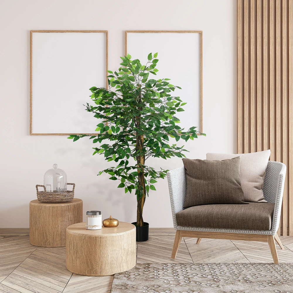 Dirbtinis augalas HOMCOM, 150 cm, su vazonu, dirbtinės samanos, dirbtinis Ficus medis, kambarinis augalas svetainei, žalias