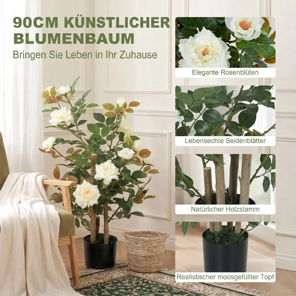 Dirbtinis rožių medis, keturių stiebų, atsparus UV spinduliams, baltas, 90 cm