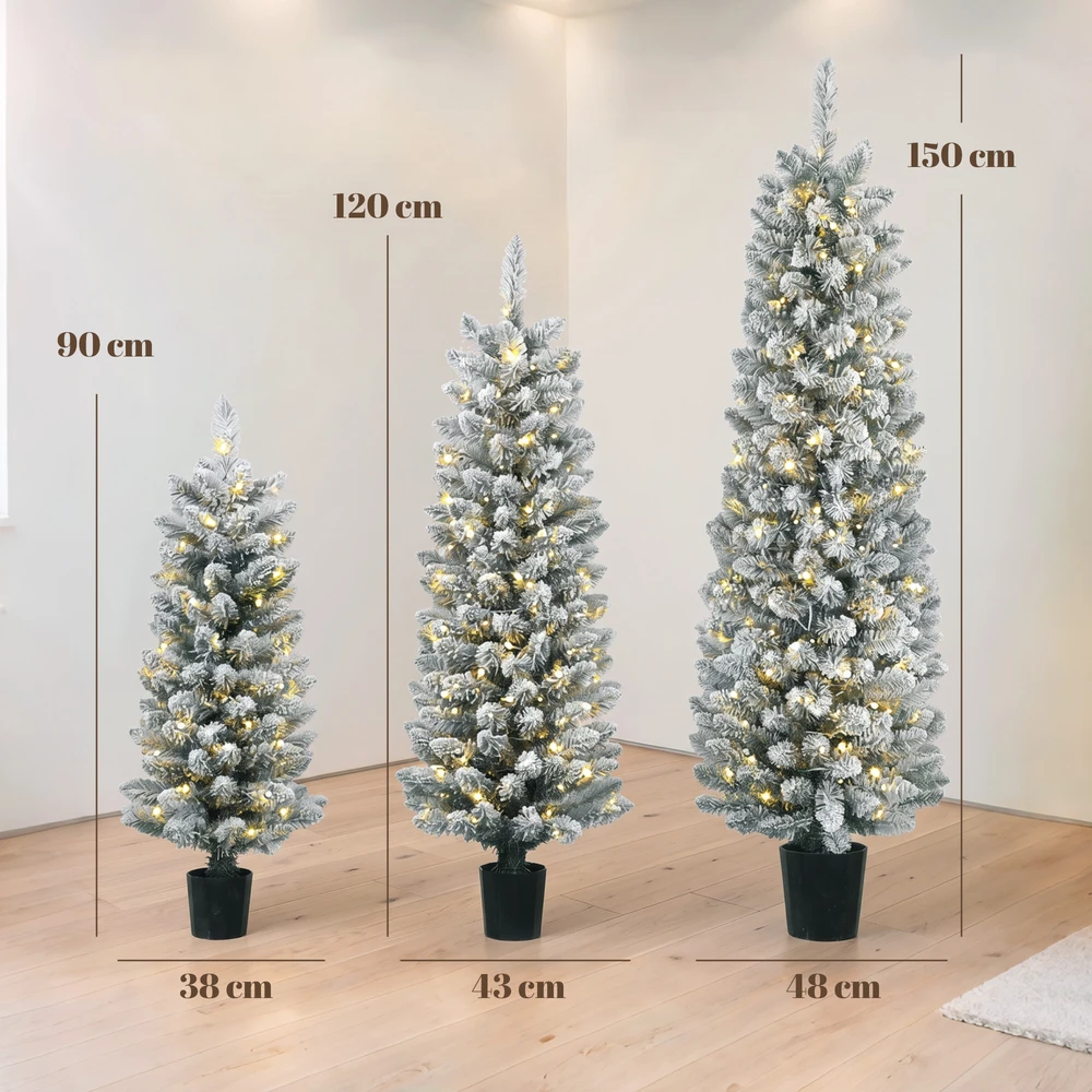 Dirbtinių kalėdinių eglučių rinkinys su LED apšvietimu ir apsnigtomis šakomis, žalios ir baltos, 90/120/150 cm, 3 vnt.