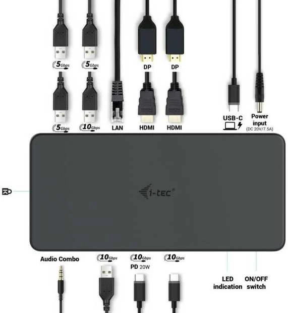 I-TEC USB 3.0 USB-C Thunderbolt 3 Professional Dual 4K Ekrano prijungimo stotis Generation 2 + maitinimo tiekimas 100 W