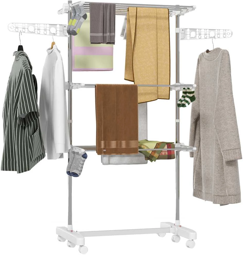 HOMCOM mobilus drabužių džiovintuvas, 3 lygių, sulankstomas, su ratukais, 80-142 x 55 x 152 cm