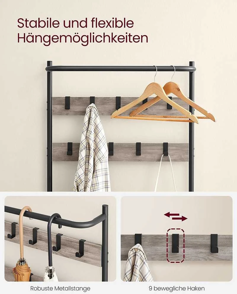 Songmics Vasagle Drabužių lentyna su 9 kabliukais 32,2 x 64 x 180 vintažinė ruda-juoda