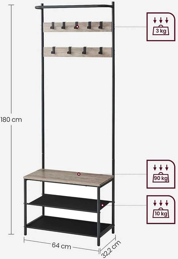 Songmics Vasagle Drabužių lentyna su 9 kabliukais 32,2 x 64 x 180 vintažinė ruda-juoda