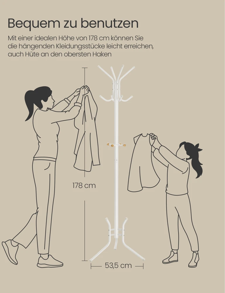 Songmics Drabužių kabykla iš plieno ir pušies medienos, balta, 53,5 × 53,5 × 178 cm