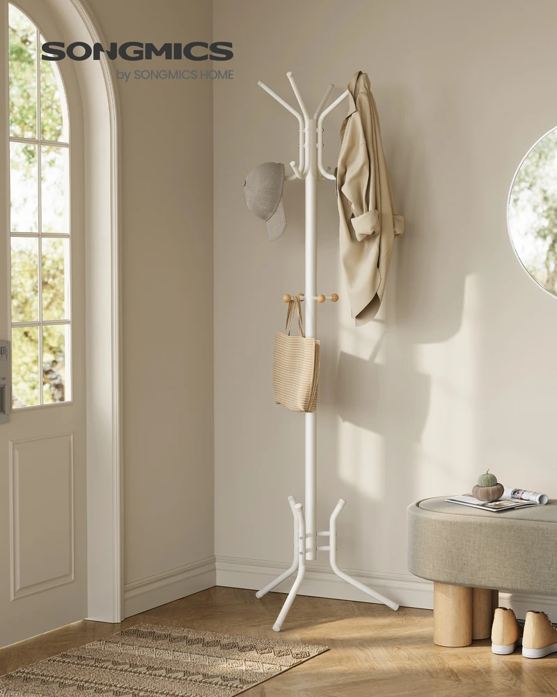 Songmics Drabužių kabykla iš plieno ir pušies medienos, balta, 53,5 × 53,5 × 178 cm