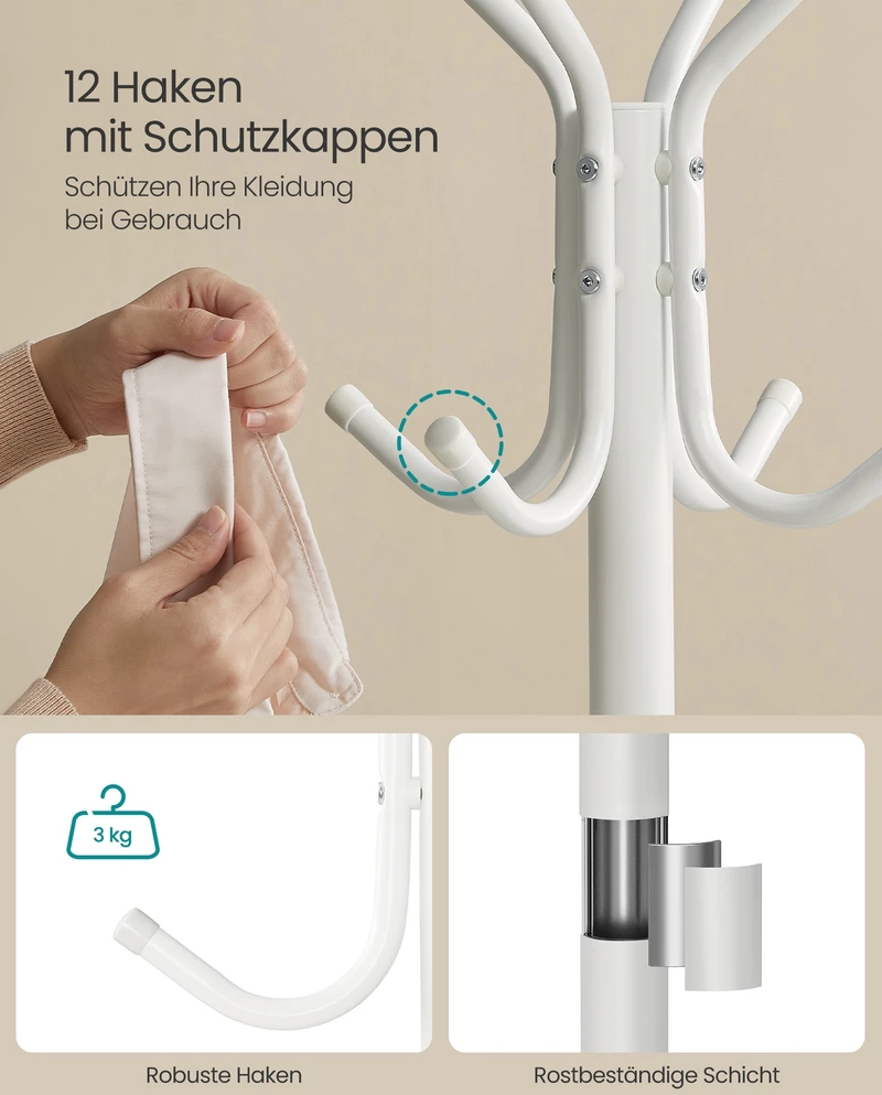 Songmics Drabužių kabykla iš plieno ir pušies medienos, balta, 53,5 × 53,5 × 178 cm