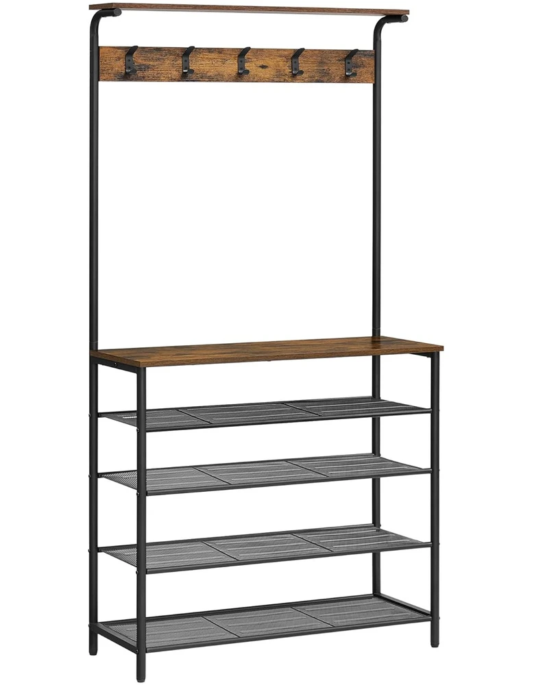 Valora Drabužių kabykla su 4 batų lentynomis ir 5 dvigubais kabliais, rusvai ruda ir juoda, 80 × 31,5 × 183,5 cm