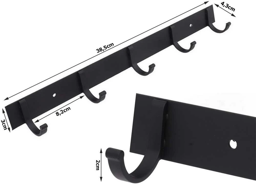 Drabužių kabykla su 5 kabliukais, 38,5 cm, juoda