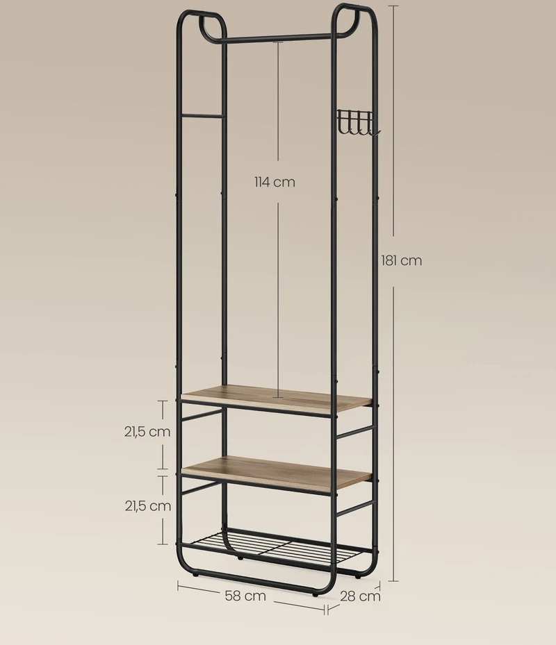 Songmics Drabužių kabykla su lentynomis, rašalo juoda ir kupranugario ruda, 58 × 28 × 181 cm