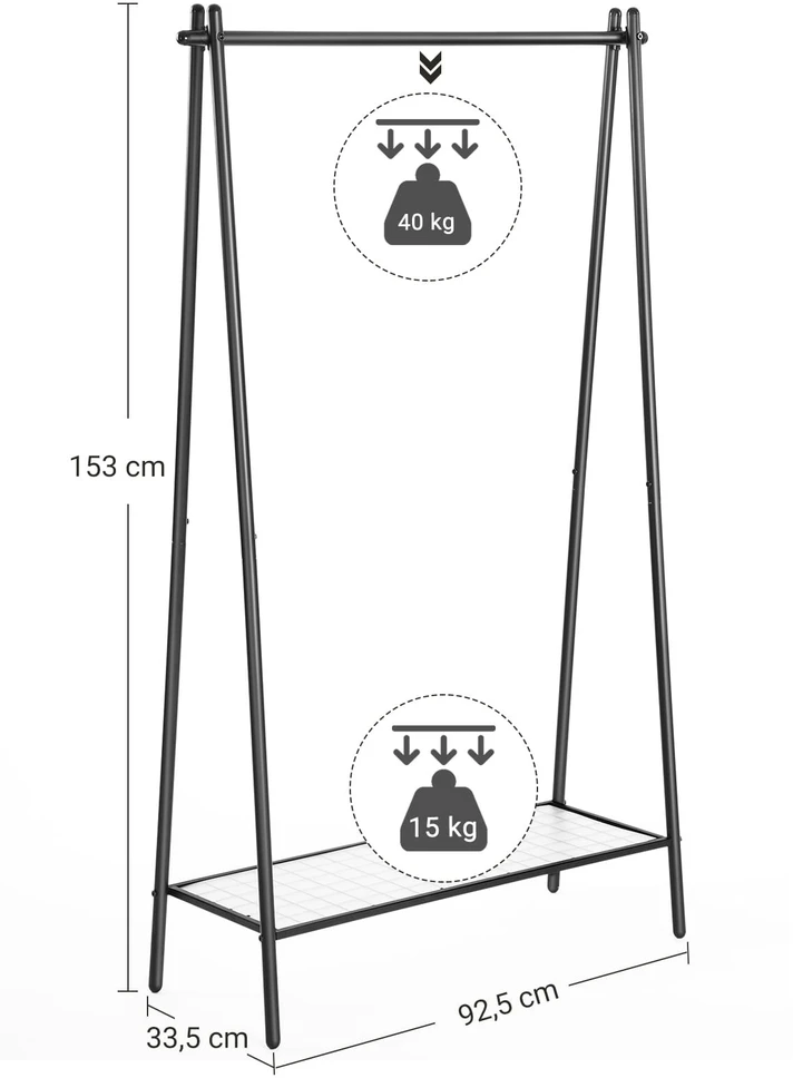 Valora Drabužių kabykla su ratukais ir lentyna, juoda, 92,5 × 33,5 × 153 cm