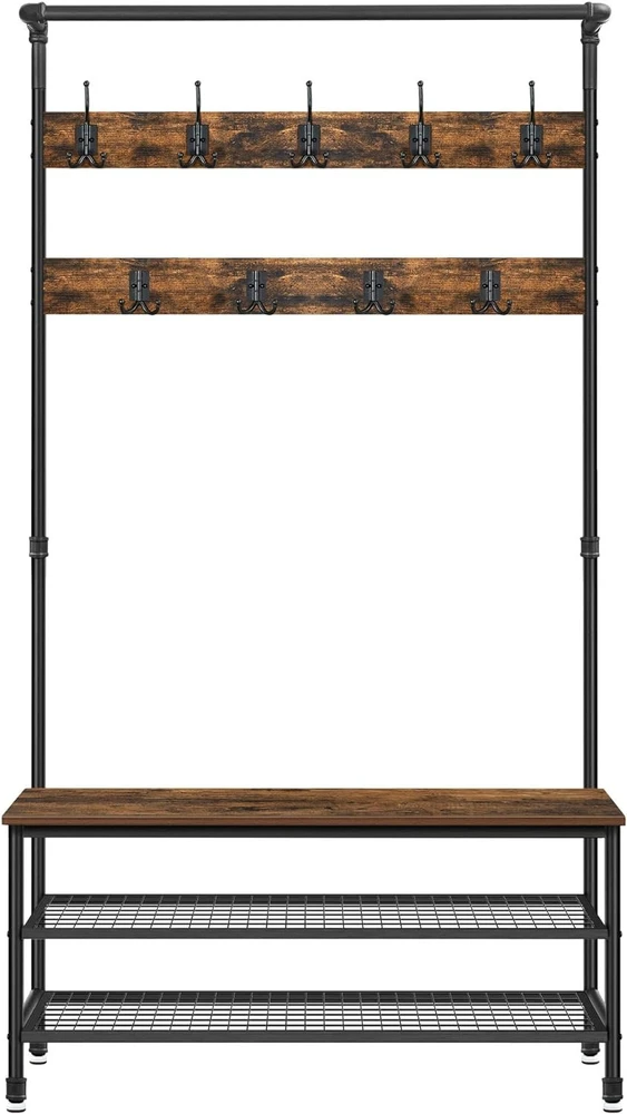 Leobert Drabužių kabykla su sėdyne ir 2 batų lentynomis, ruda ir juoda, 100 × 41,5 × 182 cm