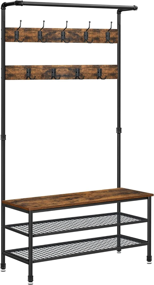 Leobert Drabužių kabykla su sėdyne ir 2 batų lentynomis, ruda ir juoda, 100 × 41,5 × 182 cm