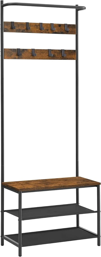 Leobert Drabužių kabykla su sėdyne ir 2 batų lentynomis, rusvai juoda, 64 x 32,2 x 180 cm