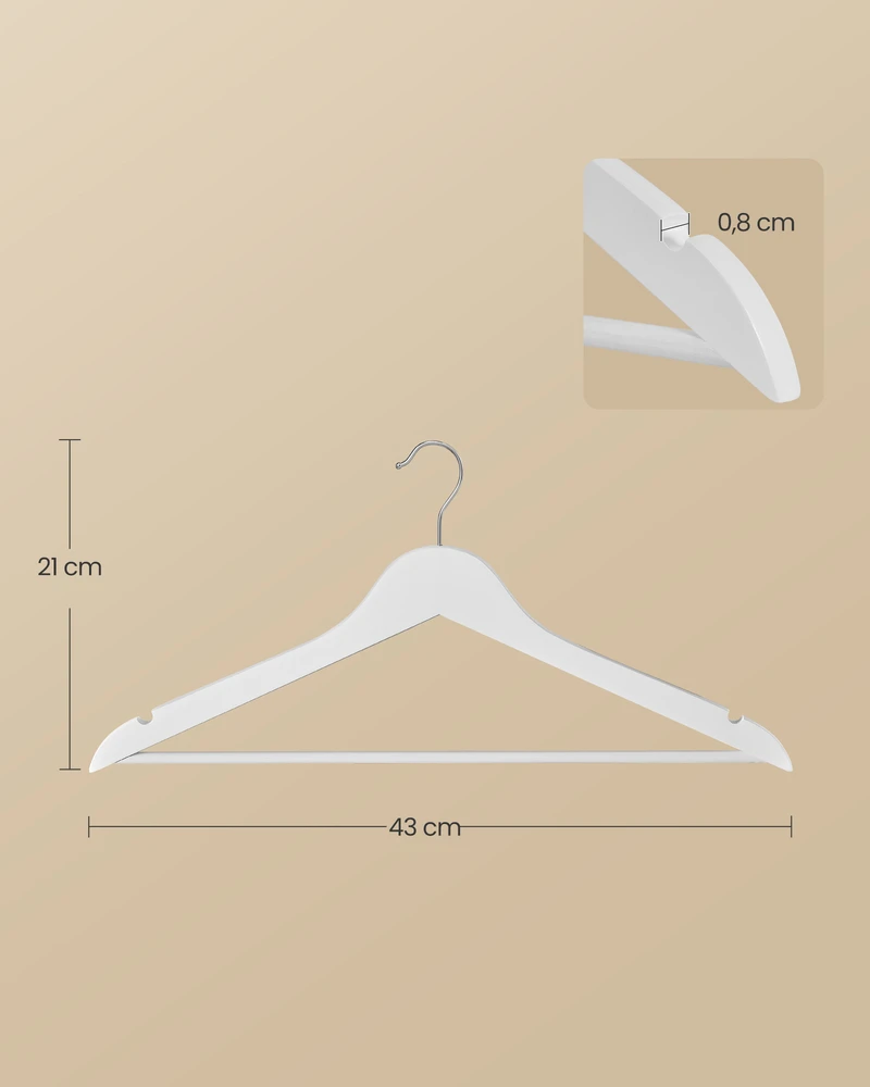 Songmics Drabužių pakabos siauros, iš beržo medienos, baltos, 43 × 0,8 × 21 cm, 50 vnt.