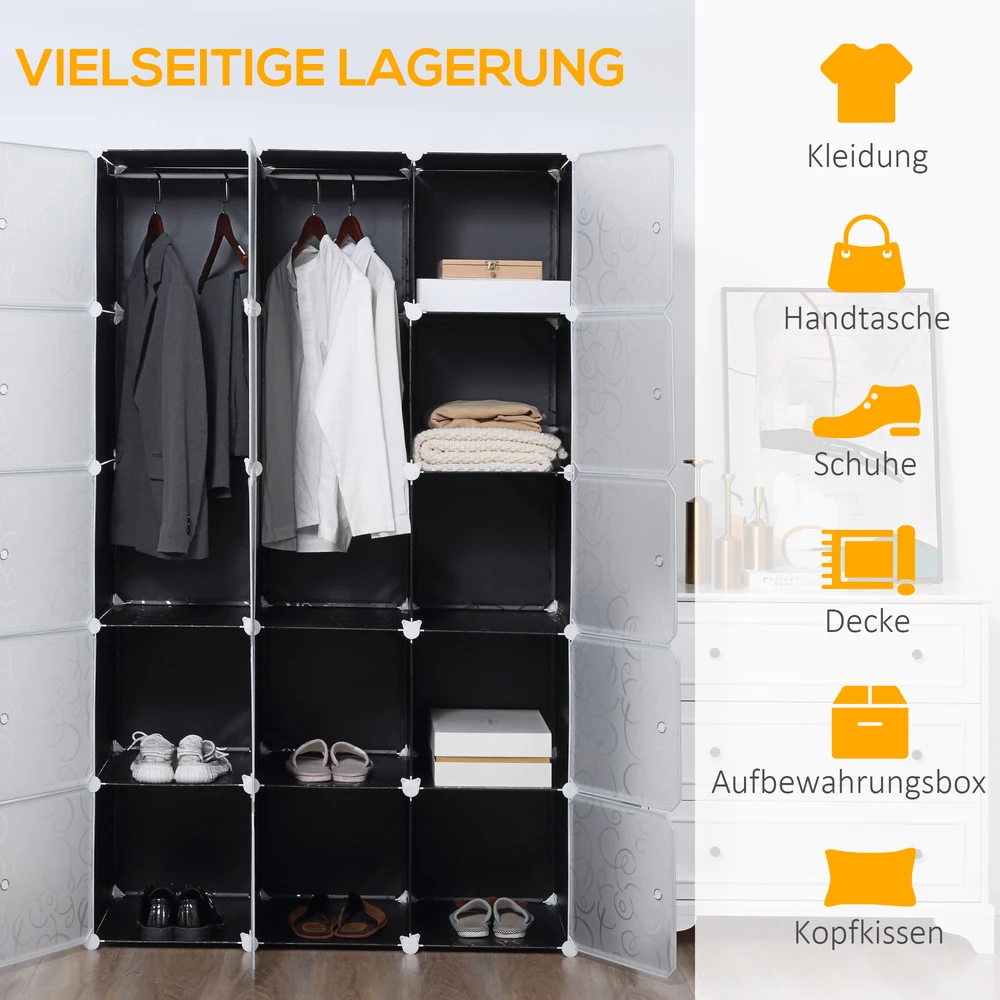 HOMCOM DIY drabužių spinta, lentynų sistema su 2 dideliais ir 9 mažais kubais, modulinė lentyna, batų lentyna, knygų ir žaislų laikymo lentyna, juoda, 111 x 47 x 183 cm