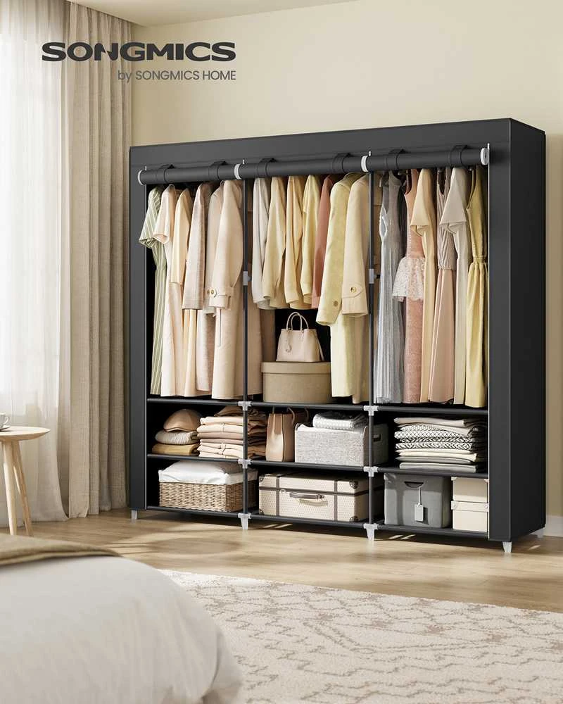 SONGMICS audinio spinta 45 x 188 x 176 cm su 3 pakabinamais skyrius, juoda