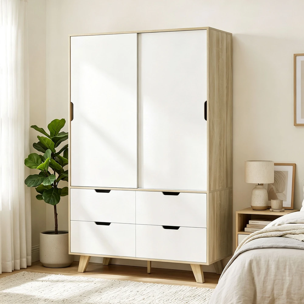 Drabužių spinta su stumdomomis durimis ir 4 stalčiais, ąžuolo spalvos ir balta, 120 × 50 × 187,5 cm