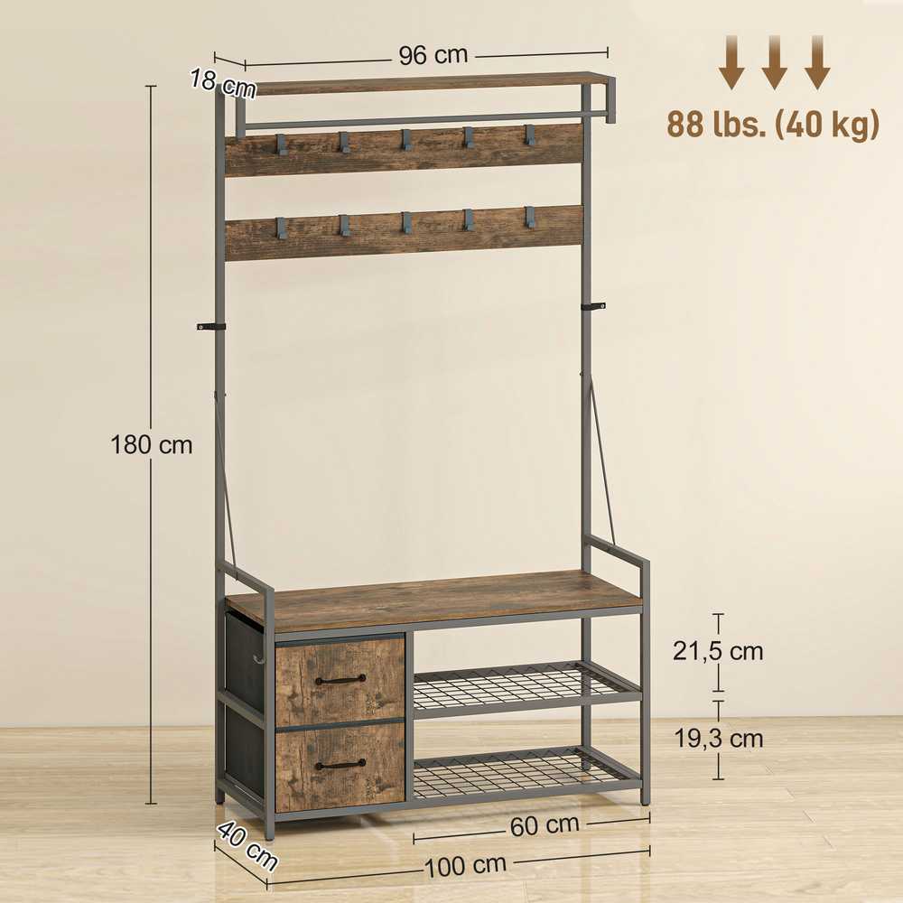 HOMCOM 6-in-1 drabužių kabykla su suoliuku ir batų lentyna, industrinio stiliaus, 10 kabliukų, 2 medžiaginiai stalčiai, metalas, ruda