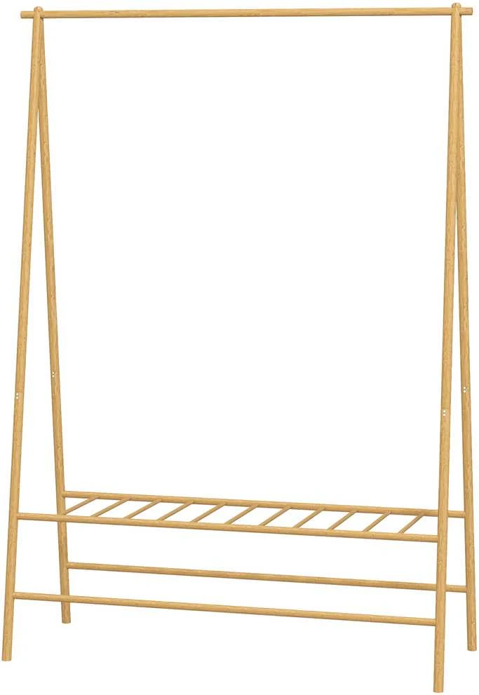 HOMCOM bambukinis drabužių stovas, kabykla su lentynomis ir kabliukais, drabužių kabykla su skersiniu, skirta koridoriui, svetainei, miegamajam, 116 x 43,5 x 160 cm, natūralaus medžio spalvos
