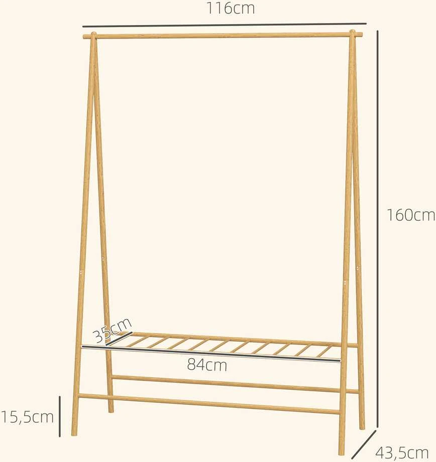 HOMCOM bambukinis drabužių stovas, kabykla su lentynomis ir kabliukais, drabužių kabykla su skersiniu, skirta koridoriui, svetainei, miegamajam, 116 x 43,5 x 160 cm, natūralaus medžio spalvos