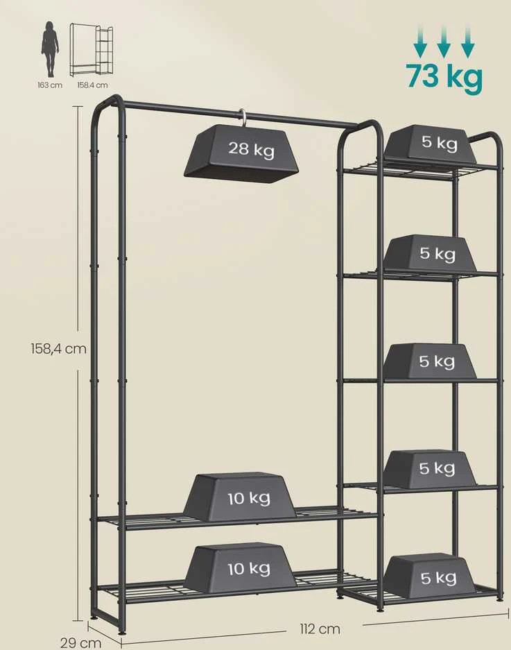 Songmics Drabužių lentyna su lentynomis 29 x 112 x 158,4 cm matinės juodos spalvos