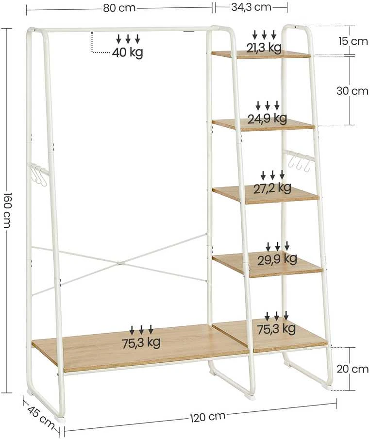 Lova Songmics Drabužių stovas su lentynomis ir kabliukais 45x120x160 cm