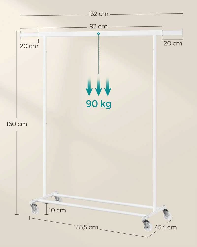 Songmics Drabužių lentyna ant ratukų 90 kg keliamoji galia klasikinė balta