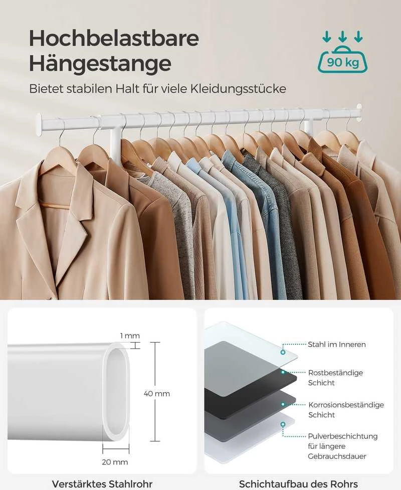 Songmics Drabužių lentyna ant ratukų 90 kg keliamoji galia klasikinė balta