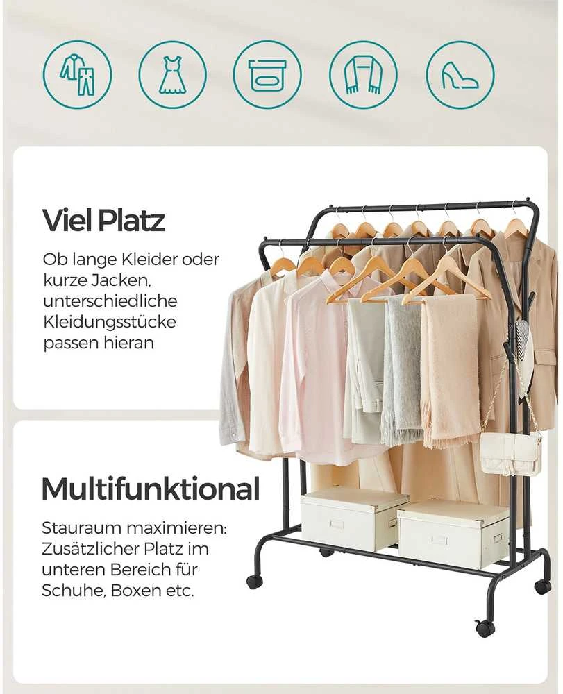 Songmics Drabužių lentyna ant ratukų su 2 drabužių laikikliais, juoda