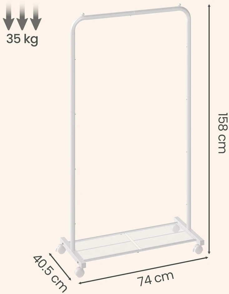 Songmics Drabužių stovas su ratukais ir lentyna, baltas, 40,6 x 74 x 158,3 cm
