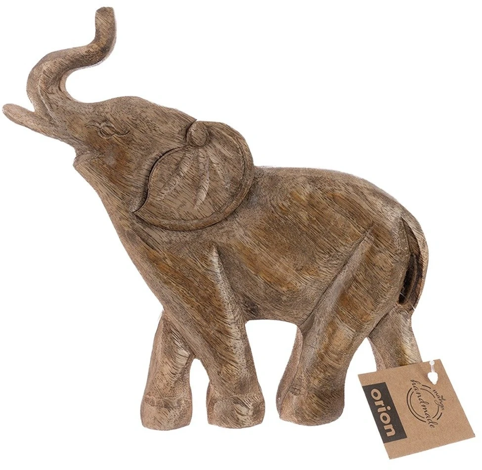Dramblio statulėlė iš mango medienos su pakeltu straubliu, ruda, 19 × 3,5 × 20 cm