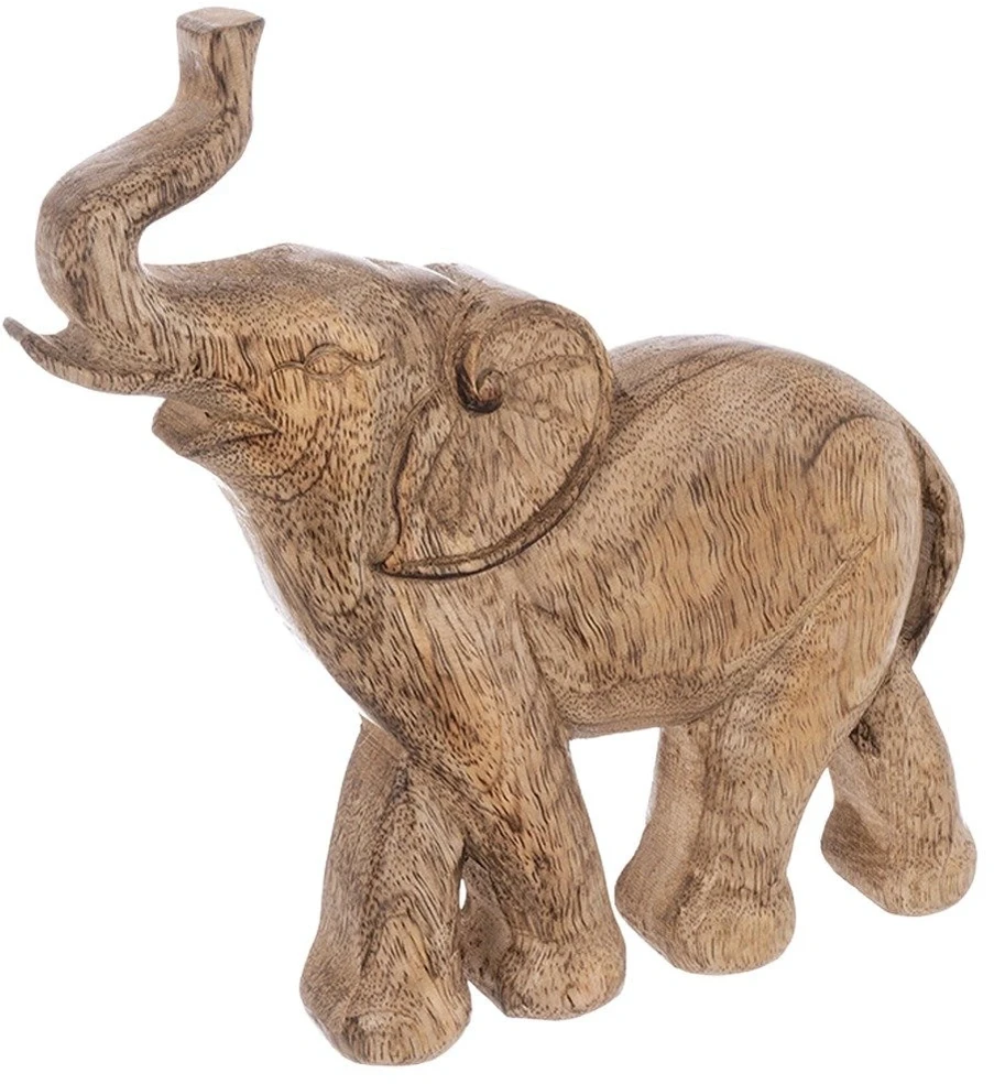 Dramblio statulėlė iš mango medienos su pakeltu straubliu, ruda, 19 × 3,5 × 20 cm
