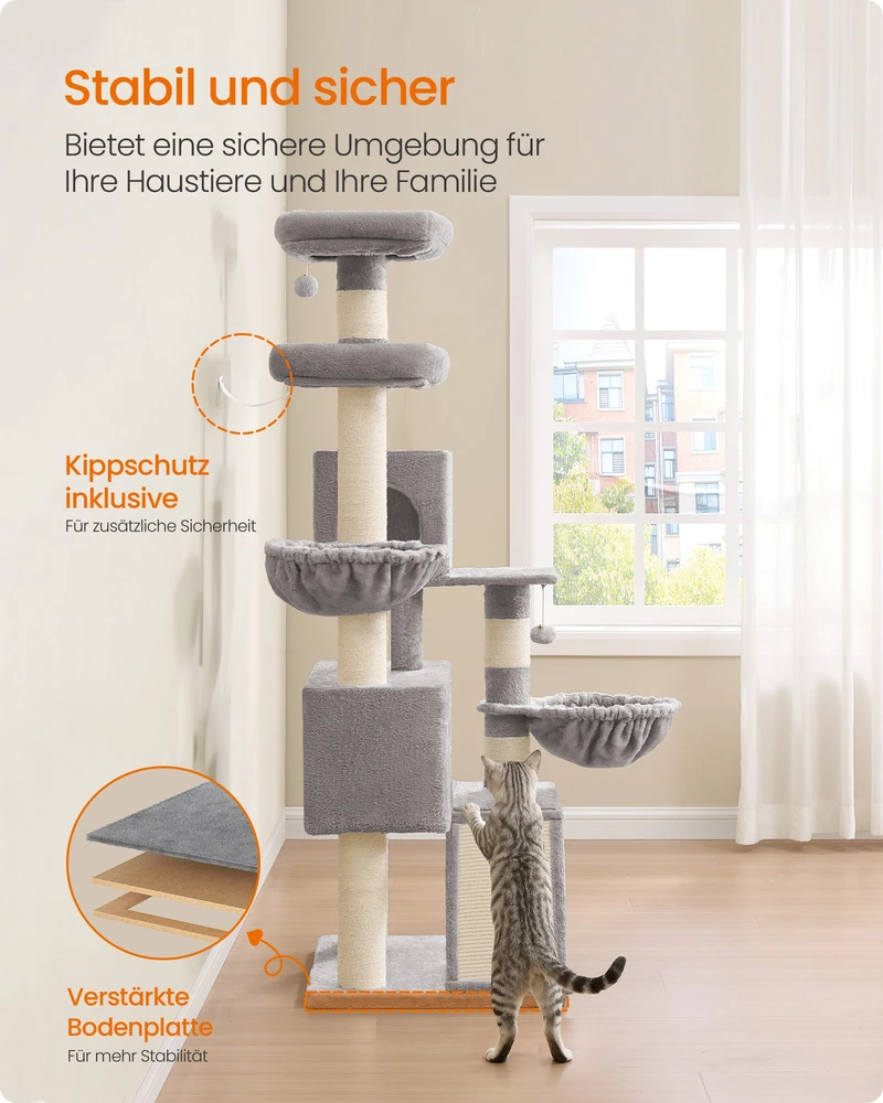 Songmics Kačių draskyklė su platforma ir dviem urveliais, pilka, 174 cm