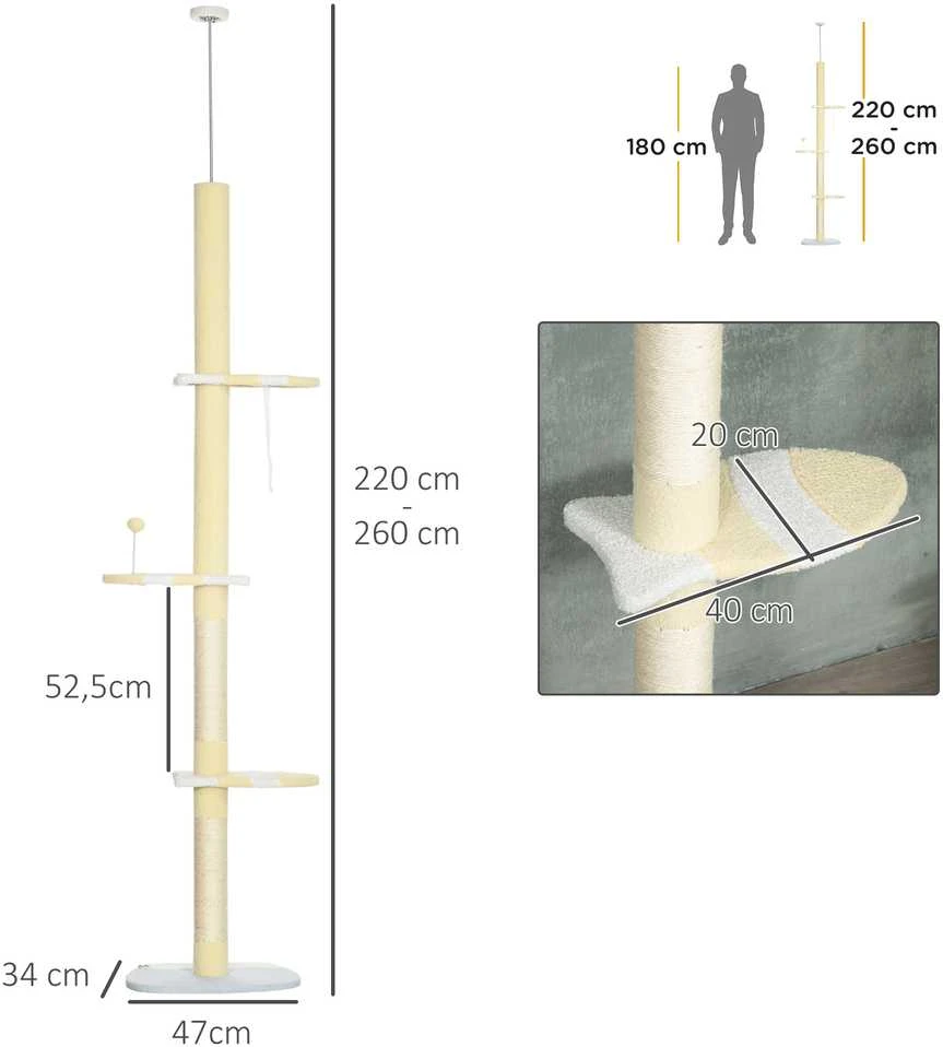 PawHut draskyklė, kačių draskyklė iki lubų, 220–260 cm, laipynė su žaidimų kamuoliuku, reguliuojamo aukščio kačių medis, žaidimų medis su apsauga nuo apvirtimo, pliušas, geltona