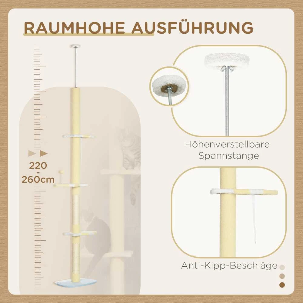 PawHut draskyklė, kačių draskyklė iki lubų, 220–260 cm, laipynė su žaidimų kamuoliuku, reguliuojamo aukščio kačių medis, žaidimų medis su apsauga nuo apvirtimo, pliušas, geltona