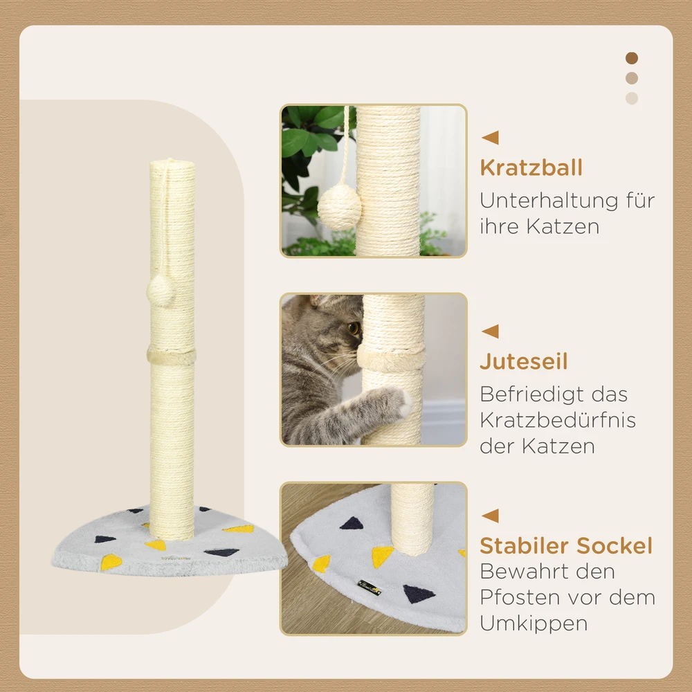 PawHut draskyklė, 62 cm, džiuto stulpas su žaisliniu kamuoliuku, šviesiai pilka+smėlio spalvos, skirta katėms