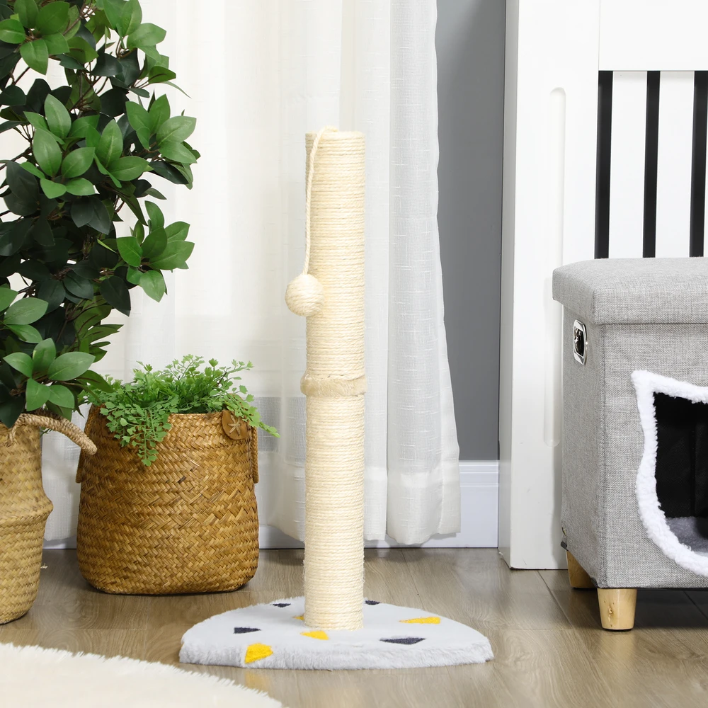 PawHut draskyklė, 62 cm, džiuto stulpas su žaisliniu kamuoliuku, šviesiai pilka+smėlio spalvos, skirta katėms