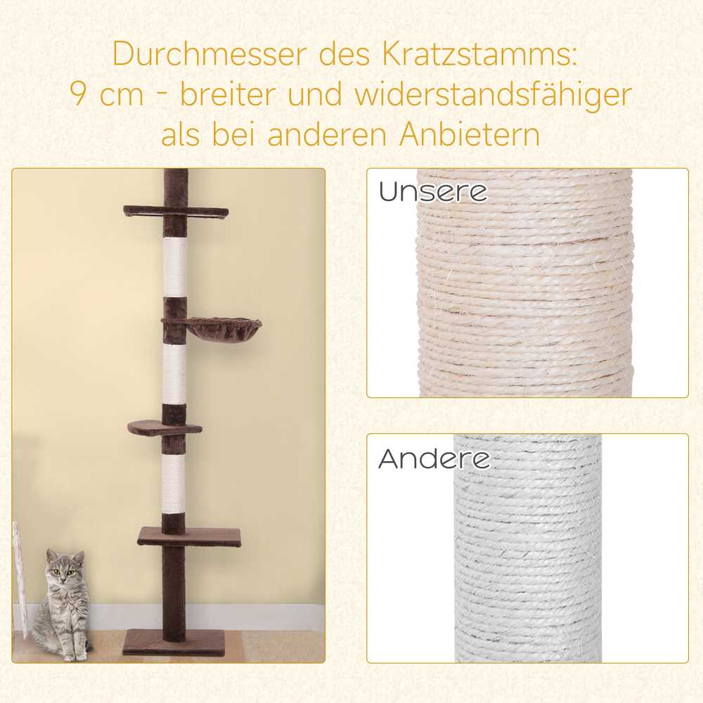 PawHut draskyklė katėms iki lubų, ruda, reguliuojamo aukščio, su sizalio stulpais, 40x34x230-260 cm