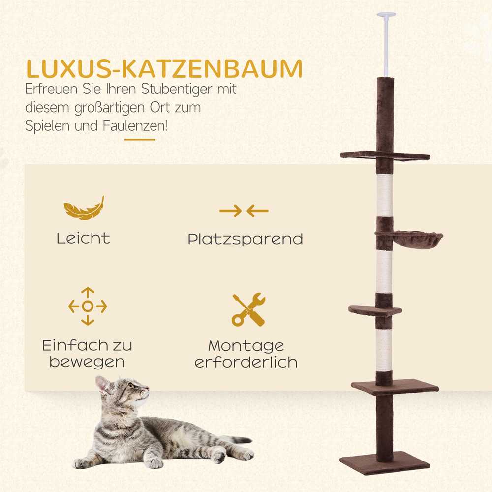 PawHut draskyklė katėms iki lubų, ruda, reguliuojamo aukščio, su sizalio stulpais, 40x34x230-260 cm