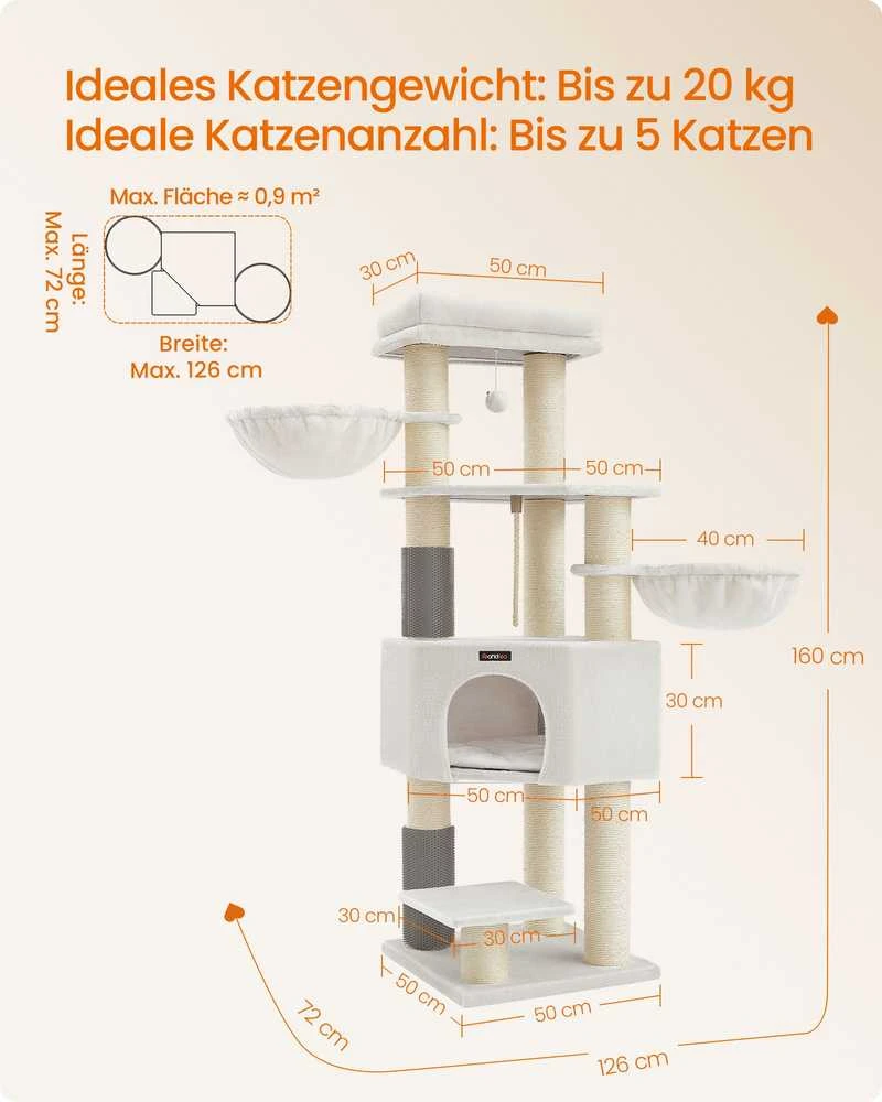Songmics Kačių draskyklė su platformomis 160 cm kreminė-béžinė