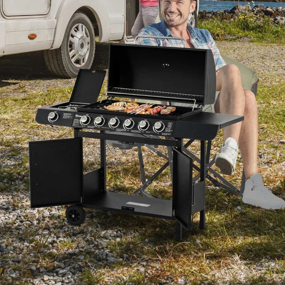 Outsunny dujinis grilis, BBQ vežimėlis su 6 degikliais, 1 šoniniu degikliu, spintele, daugiafunkcis, metalinis, juodas, 135 x 50 x 100 cm