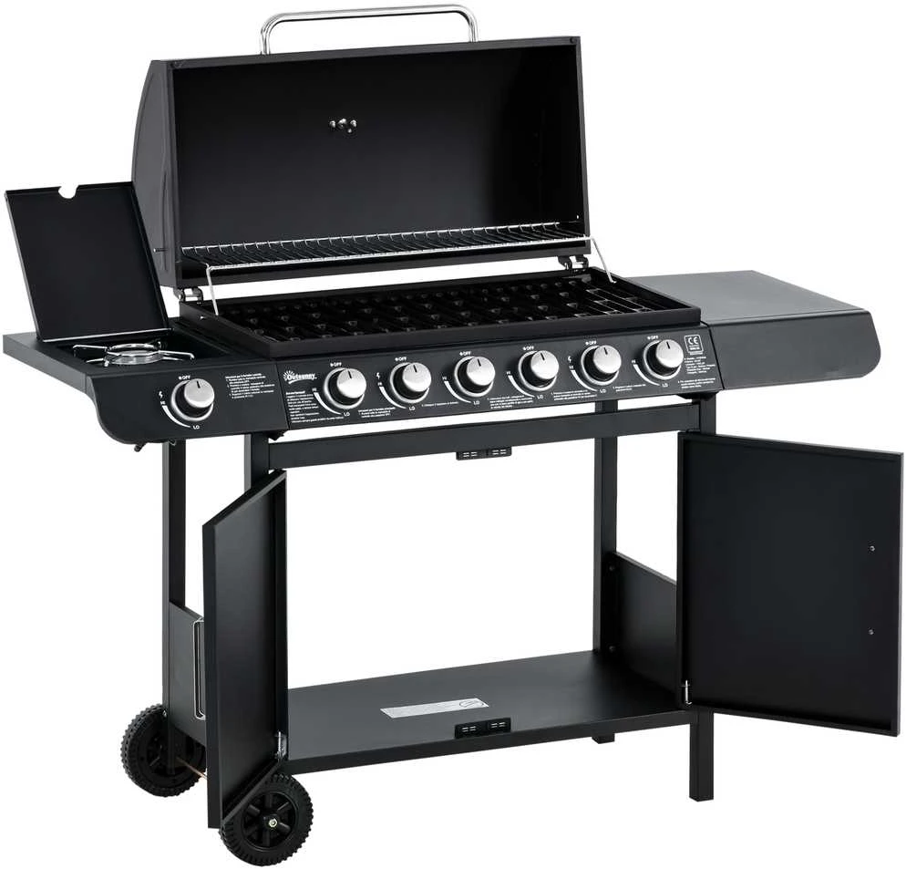 Outsunny dujinis grilis, BBQ vežimėlis su 6 degikliais, 1 šoniniu degikliu, spintele, daugiafunkcis, metalinis, juodas, 135 x 50 x 100 cm
