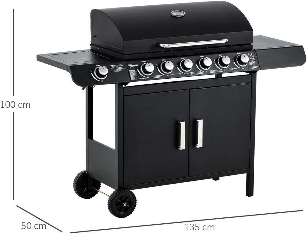 Outsunny dujinis grilis, BBQ vežimėlis su 6 degikliais, 1 šoniniu degikliu, spintele, daugiafunkcis, metalinis, juodas, 135 x 50 x 100 cm